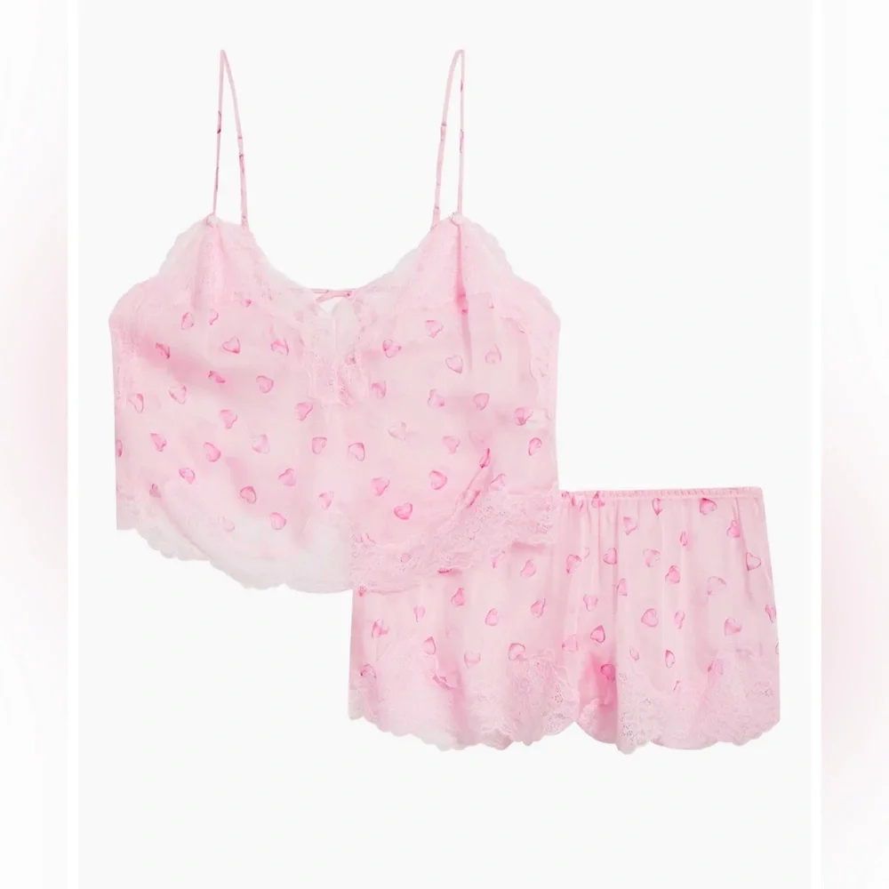 SKIMS Romance Lace Silk Camisole & Shorts Set Cherry Blossom Balloon Print  NWOT